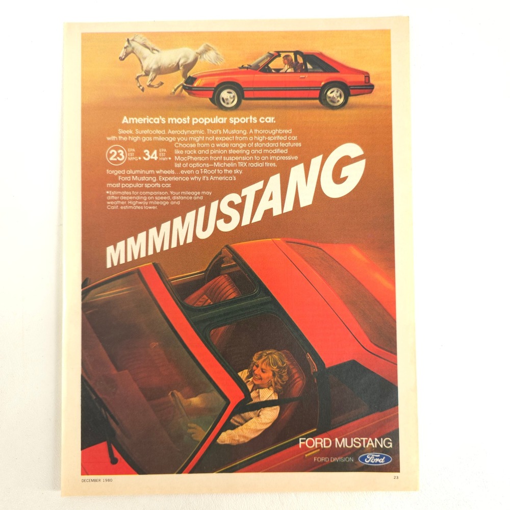 1980 Ford Mustang Print Ad Sports Car Vintage Automotive Garage Wall Art Decor